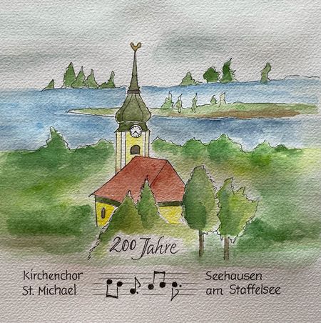 Aquarell Bild mit der Kirche St. Michael in Seehausen und dem Staffelsee im Hintergrund