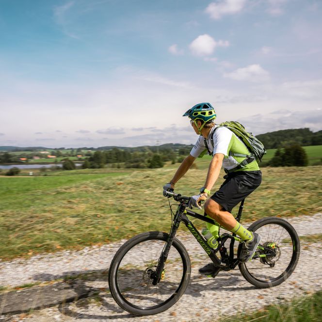 Ein Radfahrer fährt auf einem Schotterweg, umgeben von Wiesen.