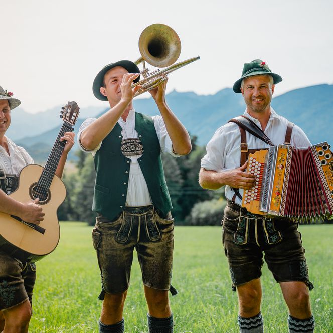 Drei Musiker spielen bei strahlendem Sonnenschein im Murnauer Moos.