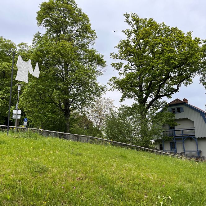 Das Foto zeigt eine weiße Wäscheleine vor dem Münter-Haus - ein Kunstwerk von Susanne Winter aus Riegsee. 