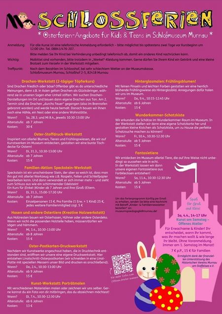 Digitales Plakat mit der Übersicht des Osterferienprogramms des Schlossmuseums Murnau für Kinder 2026