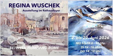 Digitales Plakat zur Kunstaustellung Between Home and Rome mit Angabe zur Ausstellungszeitraum