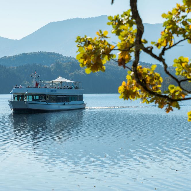 Die MS Seehausen fährt über den Staffelsee an einem sonnigen Tag.