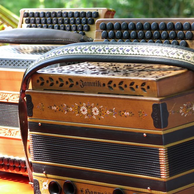 Zwei Ziehharmonikas nebeneinander auf einem Tisch.