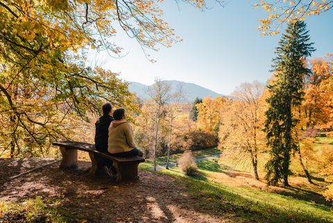 Ein Pärchen sitzt auf einer Bank im Seidlpark und blickt auf die herbstliche Landschaft.