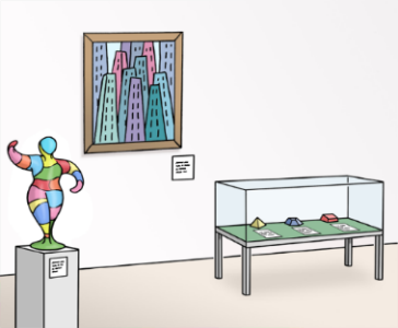 Bildliche Darstellung einer Galerie mit verschiedenen Objekten.
